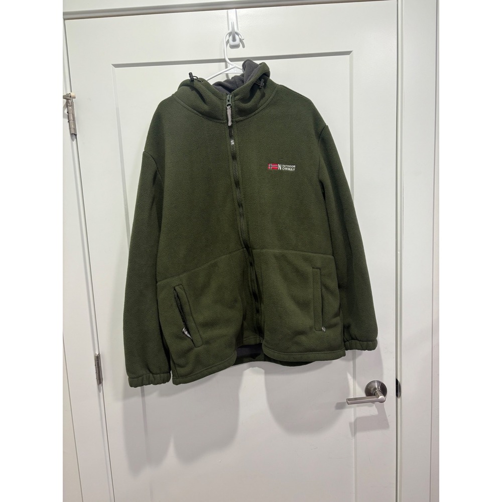 Outdoor Norway Mens XXL Green Full Zip Fleece Hoodie Jacket Norwegian Flag Patch